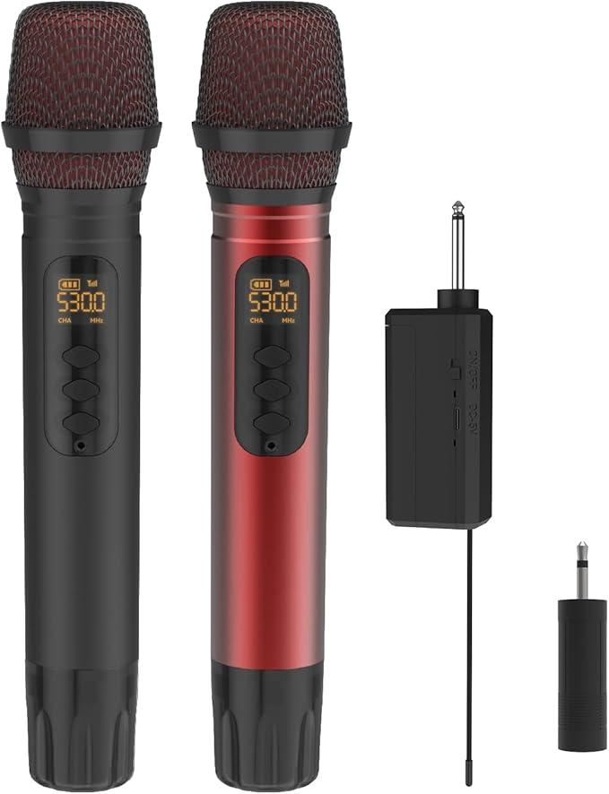 Wireless Microphones, UHF Metal Dual Handheld Cordless Dynamic Mic System with Rechargeable Receiver,1/4 "Output with 1/8" Output,for Karaoke Singing, Wedding, DJ, Party, Speech, Church,240ft