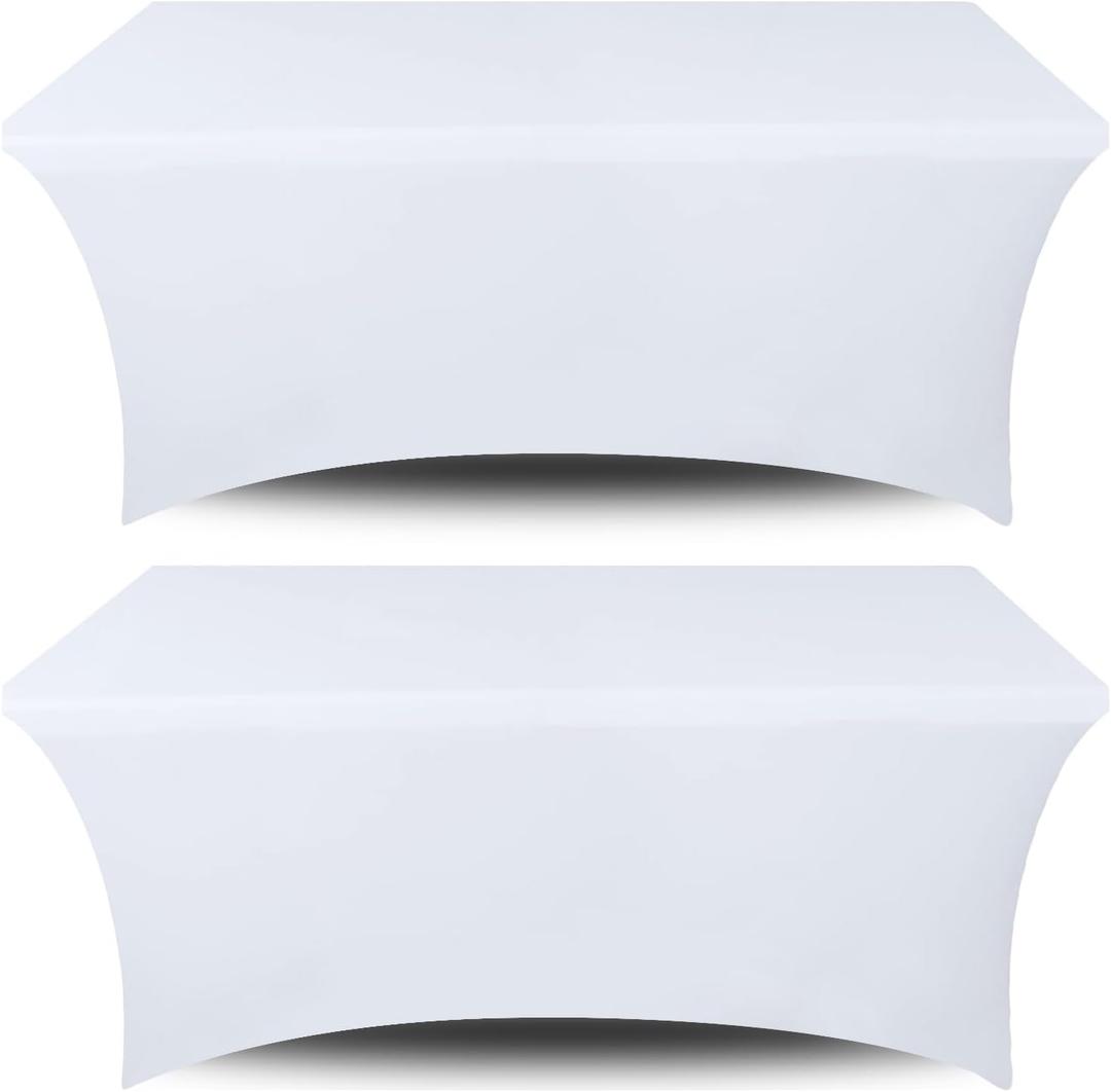 Stretch Spandex Table Covers 6FT, Pack of 2 Fitted Tablecloths for Rectangle Tables, Stretchy Wrinkle Resistant Folding Table Cover, White