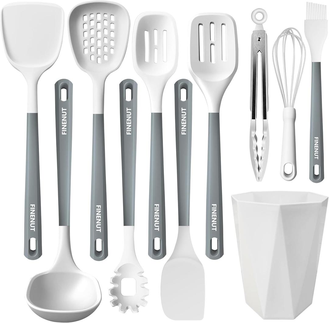 FINENUT Silicone Cooking Utensils Set 11PCS - BPA-Free&Non-Toxic 446°F Heat Resistant,Wooden Handle Kitchen Tools for Nonstick Cookware,Heat Resistant&Scratch-Proof Includes Spatula/Turner/Ladle(Gray)