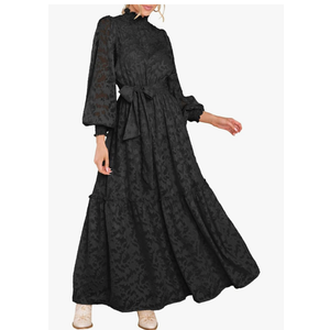 MITILLY Women's Fall Dresses Elegant Floral High Neck Long Sleeve Elastic Waist Formal Maxi Dress with Belt, M