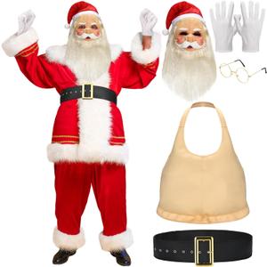 Newcotte 5 Pcs Christmas Character Costume Santa Claus Mask Set Realistic Full Head Latex Mask with Santa Cap Beard, Fake Belly, Glasses, Belt, 1 Pair Gloves Cosplay Accessory for Adults Xmas Party