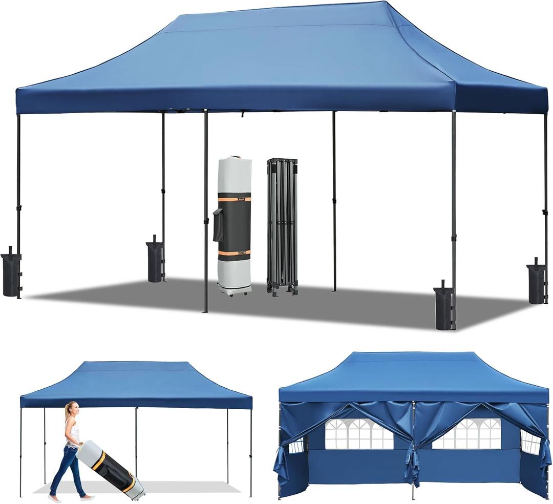 10x20 Pop Up Canopy Tents with 6 Sidewalls, Heavy Duty Party Tents, UV and Waterproof Protection, 3 Height Adjustable Outdoor Canopy Tent with Roller Bag for Weddings, Events, and Beach (Blue)