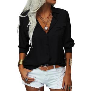 Veatzaer Womens Solid Lapel Long Sleeves Button Down Shirt Top Casual Basic Office Blouse (Small, Black)