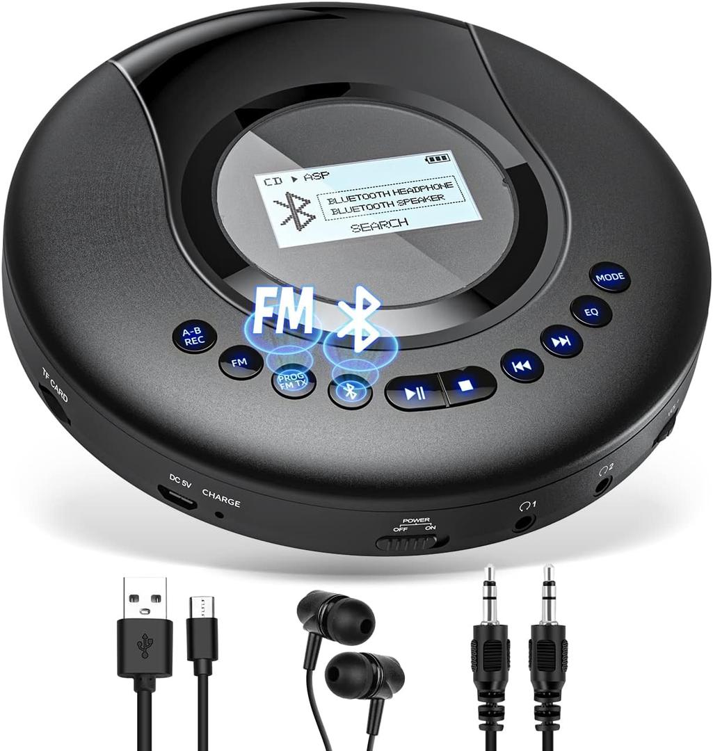 ARAFUNA Portable CD Player Bluetooth with FM Radio, 2000mAh Rechargeable CD Player for Car with LCD Screen, Anti Shock Protection Walkman Compact Player with Headphone, AUX Cable