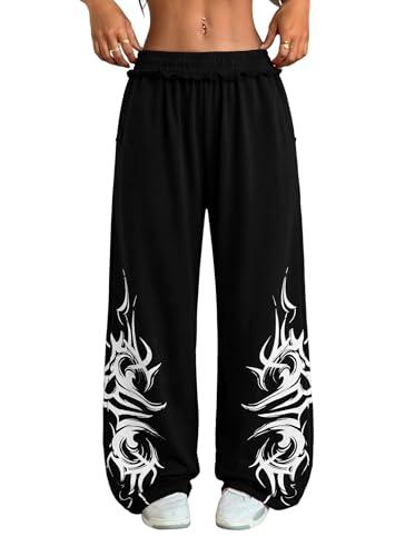 ZAFUL Womens Wide Leg Sweatpants Y2K Gothic Graffiti High Waisted Lounge Pants Athletic Joggers Pants with Pockets 1-Black M