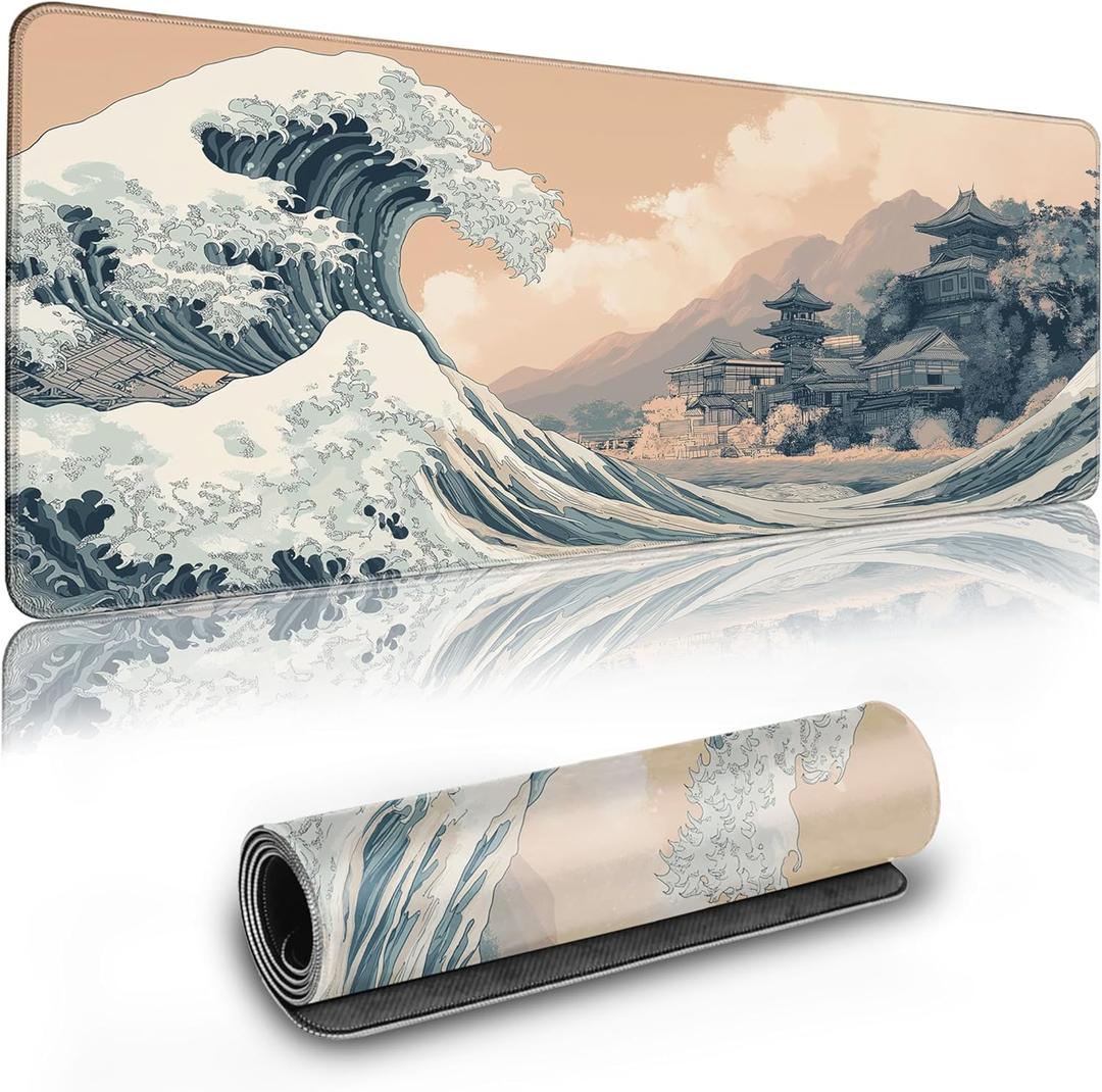 Long Gaming Mouse Pad Extended Anime Large Desk Pad with Non-Slip Base Full Keyboard Mat with Stitched Edges for Gaming and Office 31.5 x 11.8 inches (Town Wave)