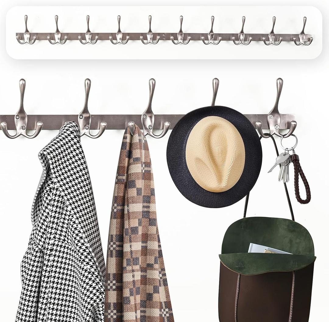 Modern Zinc Alloy Wall Mounted Coat Rack - Multi-Purpose Wall Hook Organizer with 10 Hooks, Rustproof Metal Hook for Hallway, Bathroom, Bedroom (Silver Nickel, 1 Item-10 Hooks)
