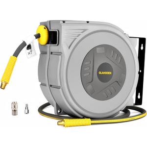 GLAHODEN Enclosed Retractable Air Hose Reel, 3/8 in x 65 Ft Hybrid Hose Air Compressor Hose Reel with 6 Ft Lead in Max 300 PSI Patented Design for Any Length Lock 180Swivel Bracket Quick Coupler