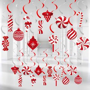 24 Pcs Christmas Candy Cane Hanging Swirl Decorations - Red and White Lollipop Peppermint Ceiling Hanging Swirls Streamers Ornaments for Candy Land Home Winter Holiday Xmas Christmas Party Decor