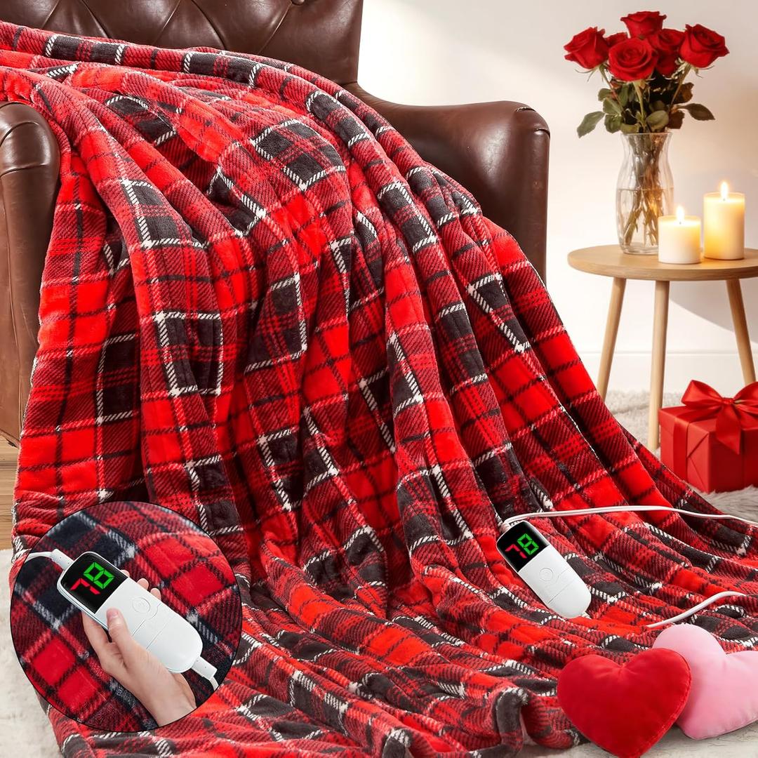 Heated Electric Blanket Twin Size,62X84 Heating Blanket,Red Plaid Soft Sherpa Blankets Warmer Gift for Grandma Women Adult,Fast Heating Washable