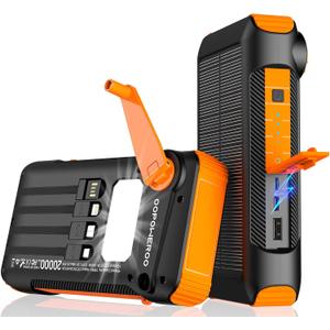 Solar Power Bank 20000mAh Built in Hand Crank and 4 Cables 22.5W Fast Charge Power Bank 5 Outputs & 5 Inputs Solar Portable Charger, SOS/Strobe/Strong Flashlights, Carabiner (Orange)