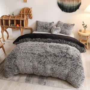 MEGO Luxury Shaggy Plush Duvet Cover Set, Soft 3 Pieces Fluffy Faux Fur Comforter Cover Set, Fuzzy Bedding Set(1 Furry Duvet Cover Queen Size + 2 Pillow Shams), Zipper Closure(Queen, Black Ombre)