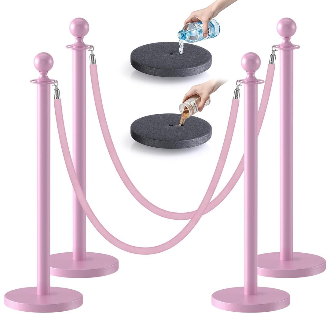 kaiyomi 4Pcs Stanchions with Pink Velvet Ropes Set, 5 Feet Velvet Ropes and Posts Poles for Red Carpet Party Decoration and 360 Photo Booth (Pink)