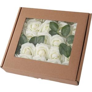 Artificial Flower Rose 25pcs Real Looking Fake Roses for DIY Wedding Centerpieces Arrangements Party Baby Shower Home Decor (Color : Milky White, Size : 25pcs with Leaves)