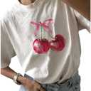 QJQ Women's Graphic Oversized Tshirts Cherry Bow Short Sleeve Crewneck Tees Casual Summer Trendy Vintage Tops, Size M