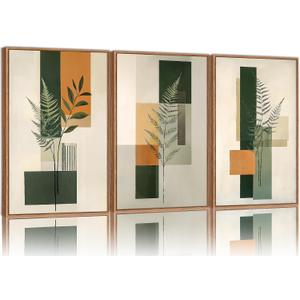 Yeehomedec Sage Green Fern Leaf Framed Canvas Wall Art, Boho Abstract Wall Decor, Rustic Neutral Modern Botanical Art Print, Beige Minimalist Plant Artwork for Living Room Bedroom Office Bathroom 16"x24"x3