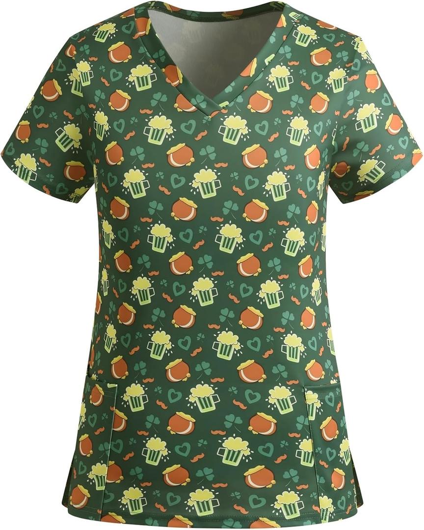 St. Patrick's Day Scrub Tops for Women Stretch Vneck Shamrock Clover Printed Nurse 2 Pockets Holiday Working Uniforms (X-Large)