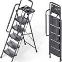 KINGRACK Folding 5 Step Ladder, Portable Ladder for Multi-Purpose, Home, Kitchen, Heavy Sturdy Steel Step Stool with Anti-Slip Wide Pedals, Handrail, Safe-Lock Design, Pass 500lbs Load Testing, Black