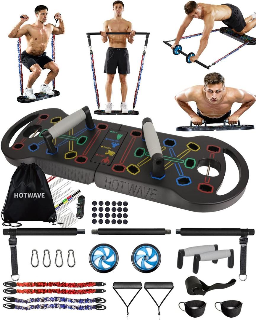 HOTWAVE Ultimate Portable Home Gym with 16 Fitness Accessories,Push Up Board with Resistance Bands,Ab Roller Wheel,Home Workout Equipment for Men and Women