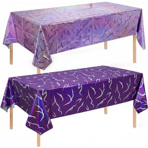 K-Style Birthday Decorations Iridescent Holographic Laser Tablecloth 2 Pack Purple Lightning Pattern Disposable Waterproof Plastic Table Covers for Girls Disco Bachelorette Party Supplies, 54x108 Inch