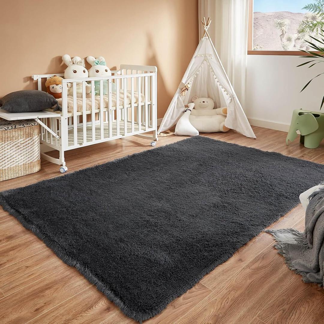 Floralux Area Rugs for Living Room, Dark Grey, 4x6 Rug for Bedroom, Fluffy Shag Shaggy Soft Carpet, Non-Slip Indoor Floor Carpets for Nursery, Kids Baby Boys Teen Dorm Home Decor Aesthetic
