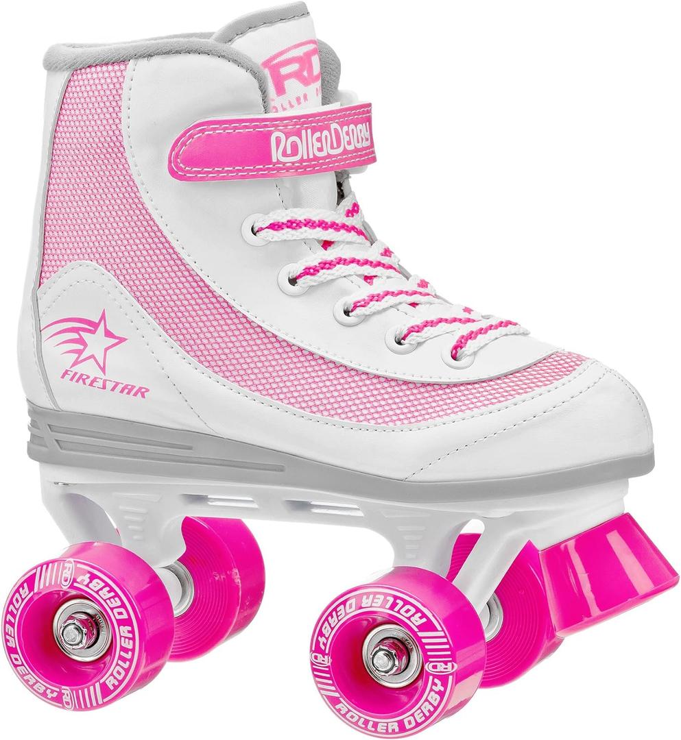 Roller Derby Firestar Youth Skates for Girls, Boys, Beginners, Kids (1, White/Pink)