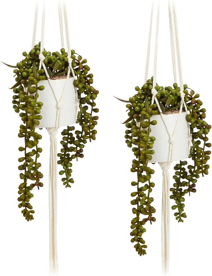 Hanging Artificial String of Pearls Plant with White Ceramic Pot for Wall Decor, House Warming Gift (31 In, 2 Pack)