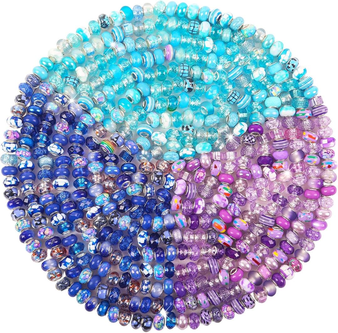 Large Hole Purple Blue Fairy Wand Garden Beads, Assorted European Craft Big Lampwork Spacer for DIY Charms Bracelet Necklace Jewelry Making Decoration Supplies (150 Pcs)