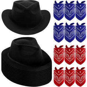 Haysandy 24 Pieces Western Cowboy Hat Set, Felt Cowboy Themed Party Hats with Paisley Bandanas for Kids Costume Party(Black, Red, Blue)