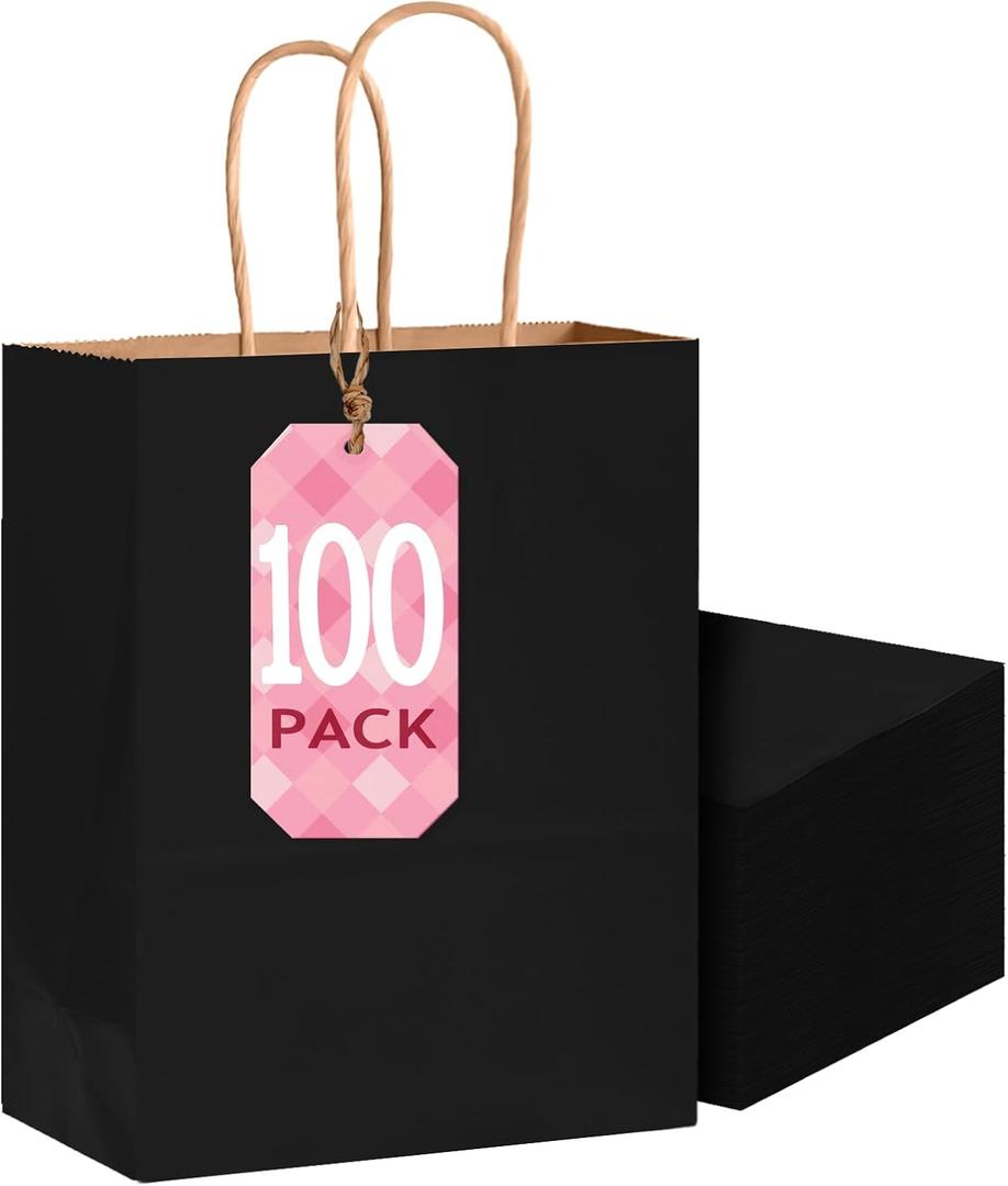 Bakepacker 100-Pack Small Size Gift Paper Bags with Handles Bulk 8.3"x6"x3.17" Black Party Kraft Shopping Bags