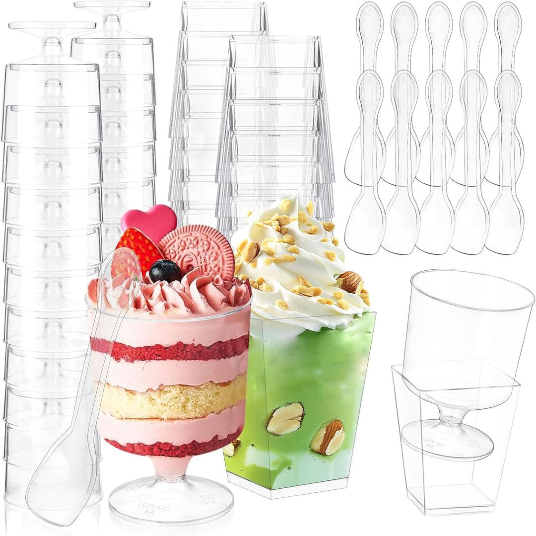 150 Dessert Cups with Spoons Sets, 5oz Mini Clear Plastic Disposable Parfait Cups, Small Serving Bowl for ice cream pudding, Square Dessert Shot Glasses Round Goblets for Fall Halloween Party