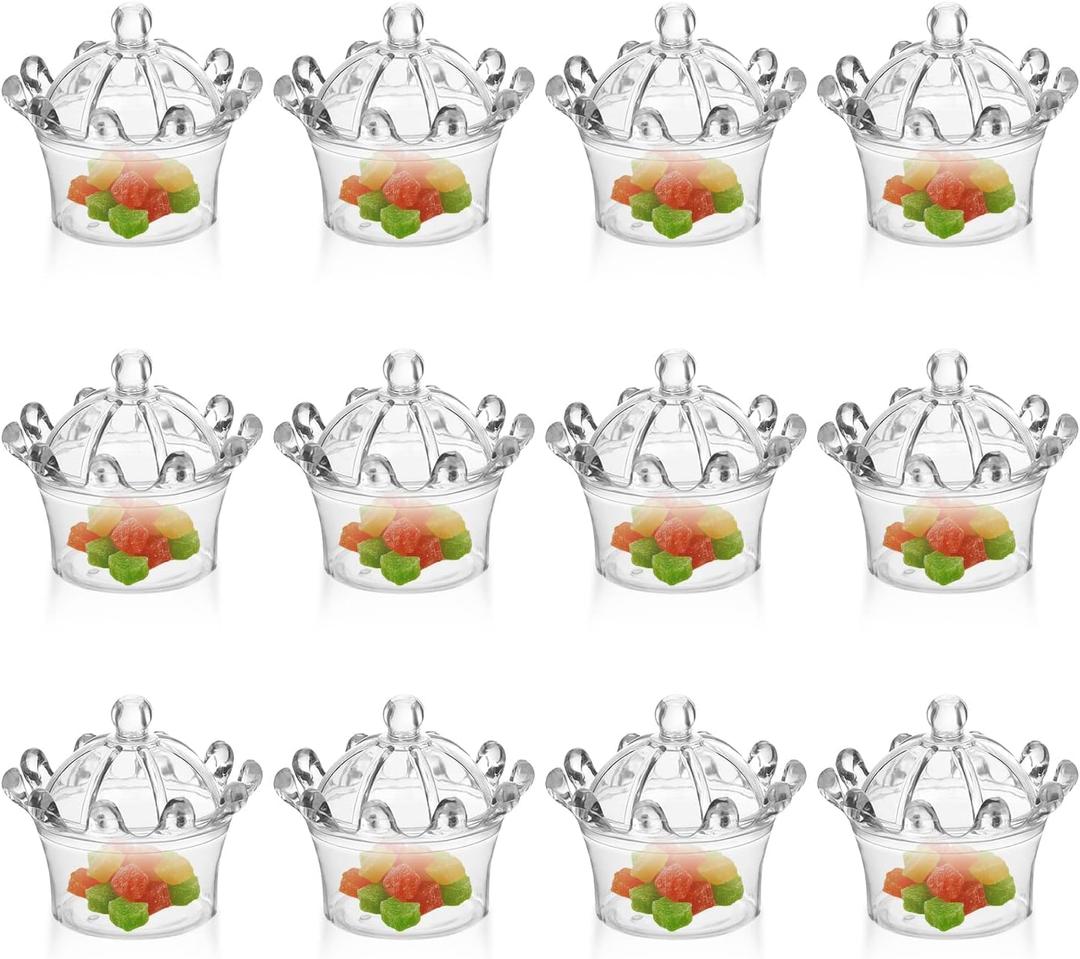 12Pcs Crown Plastic Candy Boxes, Clear Mini Treat Containers Candy Jars Gift Boxes for Wedding Party Decorations Supplies Gift Ornament Container (Clear)