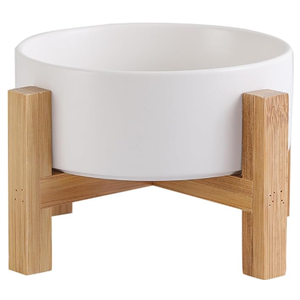 Elevated Ceramic Cat Bowl - Cat Food Bowl with Bamboo Stand - Raised Dog Dish for Puppies - Anti Vomiting, Stress Free - 13.5 oz / 400 ml - White