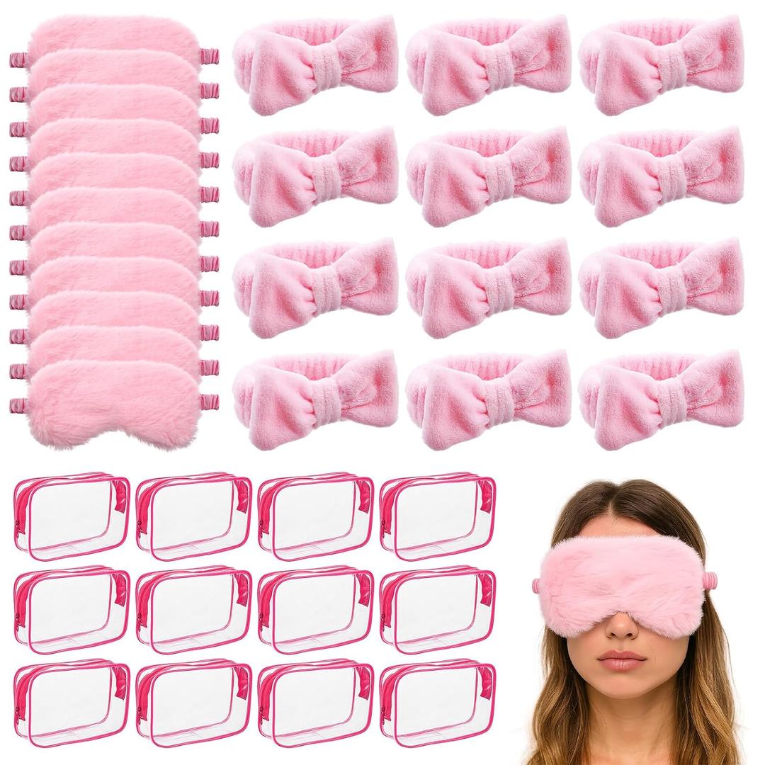 36 Pcs Spa Headband for Women, Makeup Cosmetic Headband for Women 12 Spa Headbands Plush Sleep Eye Mask 12 Clear Cosmetic Bags Sleepover Party Supplies for Girls Christmas Spas Party Favors