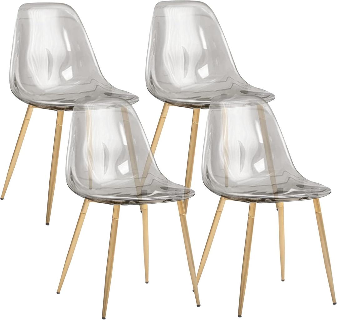 CangLong Clear Dining Chairs Set of 4, Modern Kitchen Acrylic Chairs with Transparent Seat, Plastic Accent Side Chair with Metal Legs, for Kitchen, Dining & Living Room, Ash Transparent