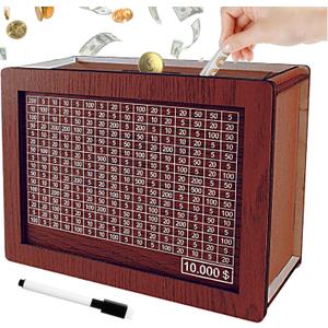 Savings Challenge Box, 10k Wooden Piggy Bank with Counter, Money Saving Box for Kids and Adults, Savings Goal of $10000, Easy to Assemble Cash Vault, Ideal Gift (Dark Brown)