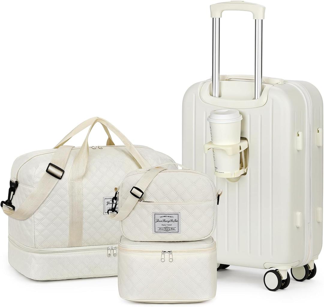 Luggage Sets for Women Men 4 Piece - Carry on Hardside Suitcase 20inch with USB Port, 360 Spinner Wheels, Duffel Bag, Cup Holder, Lightweight Luggage Set for Travel Vacation (Off WhiteB)