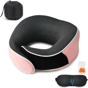 Neck Pillow for Travel, Airplane Memory Foam Plane Pillow Adjustable 12-18", Lightweight Breathable Flight Pillow with Pouch, Office & Car Use, Durable Washable Fabric Pink