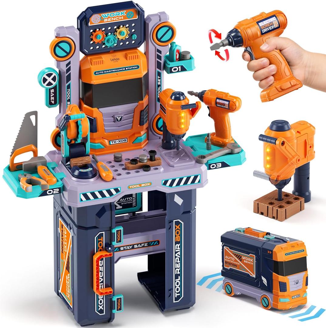 Lehoo Castle Kids Tool Bench (32.5 Inches Tall), Toddler Tool Set with Electric Drill, 2-in-1 Workbench and Toolbox, Pretend Play Tool Toys for Age 3-5, Birthday Gift for Boys