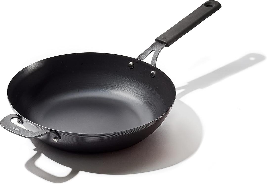 OXO Obsidian Pre-Seasoned Carbon Steel, 12" Wok Pan with Removable Silicone Handle Holder, Induction, Oven Safe, Black
