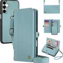 MEGSHI for Wallet Case Compatible with Samsumg Galaxy S25 Plus Multi-Function Detachable 2 in 1 Magnetic Phone Case Wallet,Flip Strap Zipper Card Holder Phone Case with Shoulder Straps (Blue)