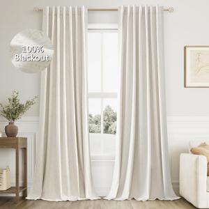 Guken Cream 100% Blackout Linen Curtains 96 Inch Length 2 Panels Set for Living Room Bedroom Back Tab Thermal Insulated Black Out Drapes Room Darkening Window Curtains Ivory Natural, 52"W x 96"L