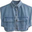 Perbai Womens Cropped Button Down Shirt Summer Collared Sleeveless Loose Denim Top with Pockets (Large, Lightblue)