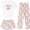 Arshiner Girls Pajama Set 3 Piece Short Sleeve Sleepwear Summer Soft Cute Pjs Outfits (9-10 Years, Rainbow Teddy)