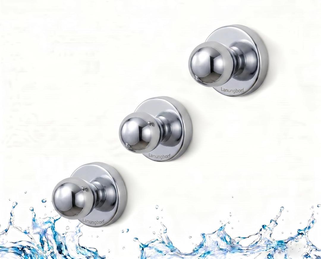 Suction Cup Hooks for Shower, Stainless Steel No Drill Wall Hooks with Olive Bead Design Heavy Duty Washable Removable Hooks for Bathroom Glass Door Towel Loofah (3, Silver)
