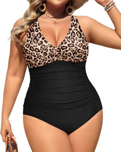 Aqua Eve Women Plus Size One Piece Swimsuits V Neck Tummy Control Bathing Suits Retro Ruched Swimwear