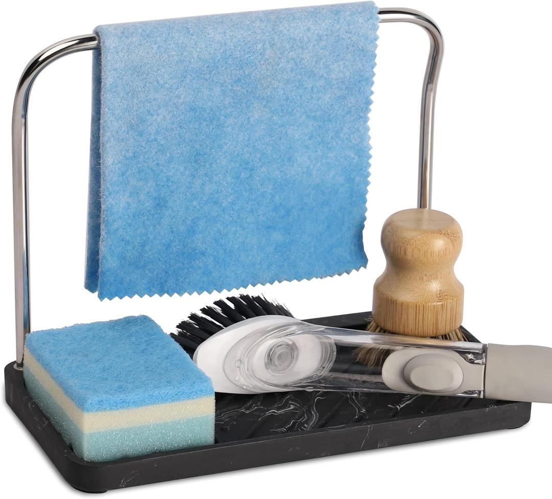 zccz Sponge Holder - Kitchen Sink Organizer Tray Stainless Steel Dish Cloth Hanger Soap Dispenser Brush Holder Caddy, Black Marble Look