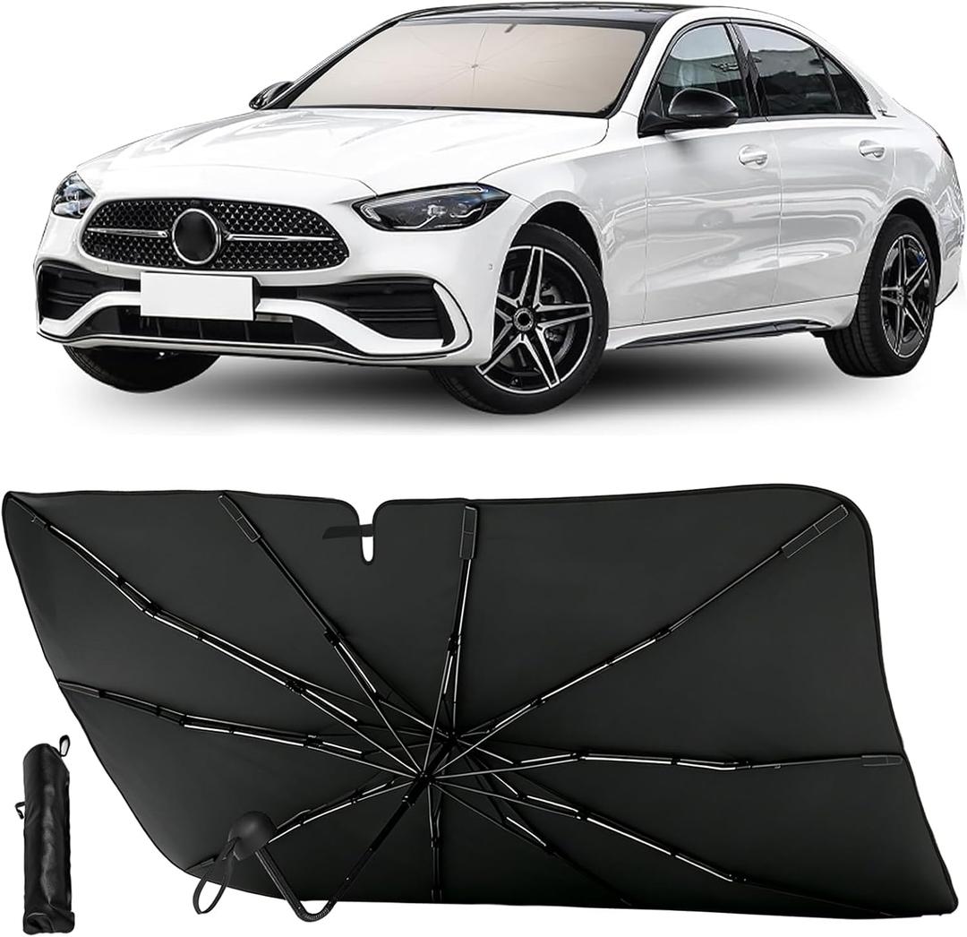 Foldable Car Windshield Sun Shade Umbrella, Reflective Titanium Silver Coating, Rearview Mirror Cutout, for Hatchback, Truck, SUV