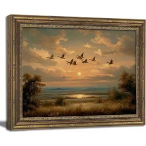 Vintage Gold Framed Wall Art, Vintage Autumn Birds Landscape Wall Art Decor - Rustic Farmhouse Flying Duck Picture Nature Cottagecore Gallery Canvas Prints for Living Room, Bedroom 12x16 Inch