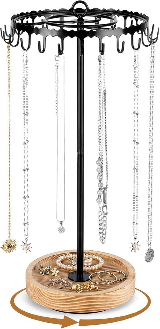 Rotating Necklace Holder Organizer, Necklace Tree Stand Display for Vendors, Tall with 24 Hooks Tangle-Free and Spinning, Gifts for Mother Womens Craft Show, Vintage Wooden and Black Metal (16.9 inch Overall Height)
